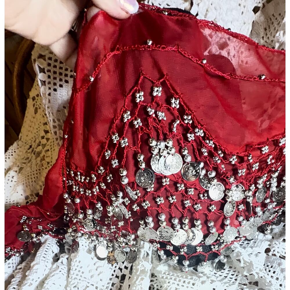 Red Belly Dance Hip Scarf Coin Wrap Sheer Chiffon Silver Tone Coins Used - Picture 14 of 16